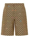 Gucci Men Beige Bermuda Pants With Belt Loops In Gg Canvas Man In Brown