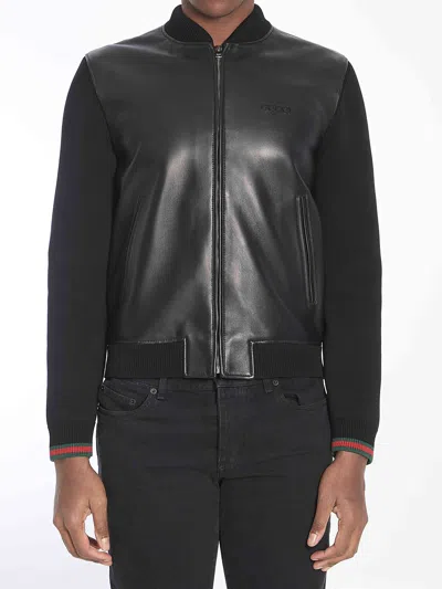 GUCCI GUCCI MEN NAPPA LEATHER AND KNIT BOMBER