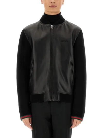 Gucci Men Nappa Leather And Knitted Bomber Jacket In Black