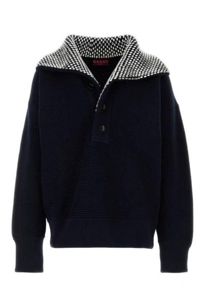 Gucci Men Navy Blue Stretch Cotton Blend Polo Shirt