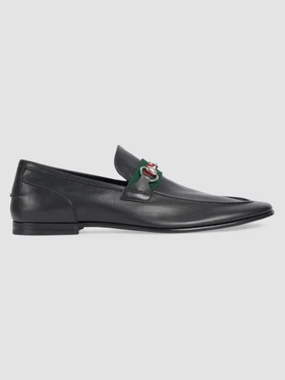 Gucci Como Horsebit Web Stripe Leather Loafers In Black