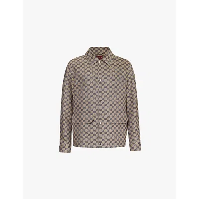 Gucci Mens Monogram-print Four-pockets Regular-fit Linen-blend Jacket Oatmilk Blue