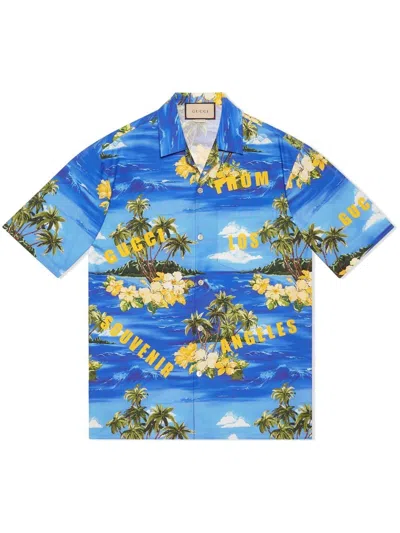 Gucci Men's Ocean Palms Shirt In Aqua