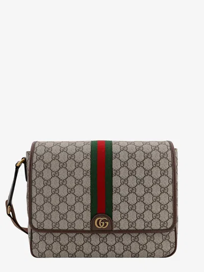 Gucci Men Ophidia Gg Supreme Fabric And Leather Shoulder Strap With Iconic Web Band
