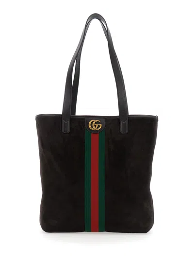 GUCCI GUCCI MEN 'OPHIDIA' BROWN SHOPPER WITH METALLIC GG LOGO AND WEB DETAIL IN SUEDE WOMAN