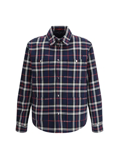 Gucci Men Padded Tartan Cotton Jacquard Shirt In Blue