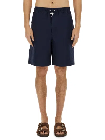 Gucci Men Navy Blue Poplin Bermuda Shorts In Multi