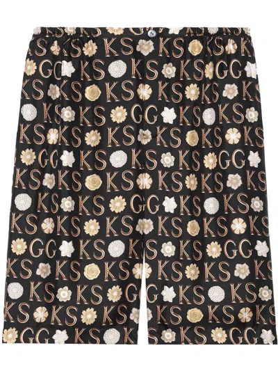 Gucci Men's Printed Silk Shorts With Elastic Waist Insert In Black