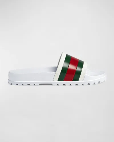 Gucci Men's Pursuit Trek Web Slide Sandals In White