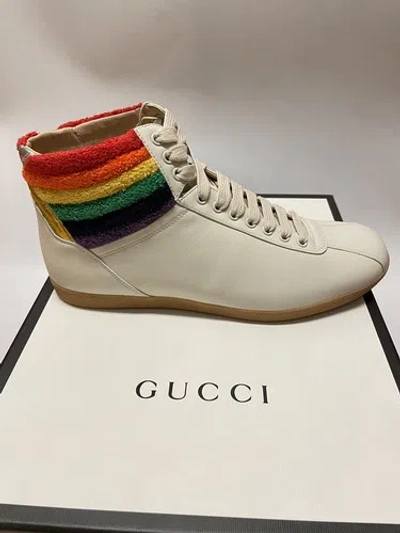 Pre-owned Gucci Men's Rainbow Collar Leather High-top Sneakers Cream Size 10 Us In White