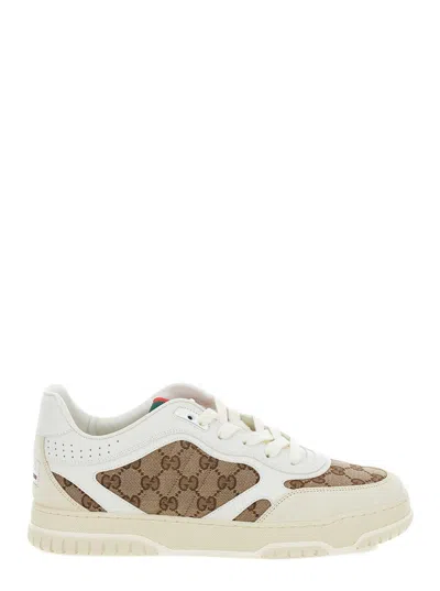 GUCCI GUCCI MEN 'RE-WEB' BEIGE AND EBONY LOW TOP SNEAKERS WITH GUCCI LETTERING IN LEATHER AND ORIGINAL GG 