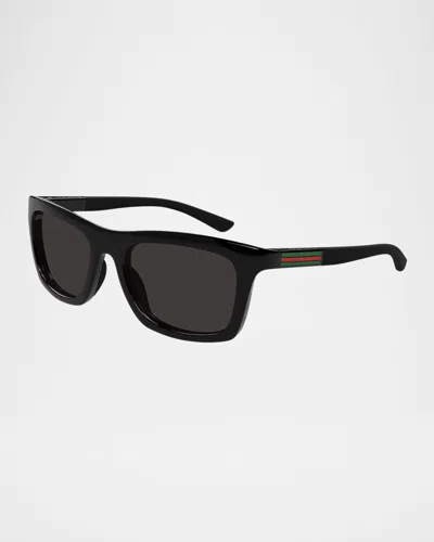Gucci Men's Rectangle Web Sunglasses In Shiny Black