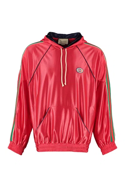 Gucci Men's Red Mesh Lined Hooded Sweatshirt With Green-red-green Web Detail