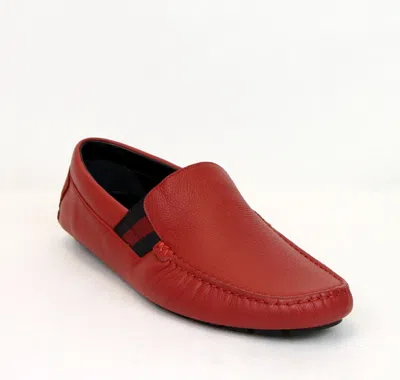 Pre-owned Gucci Men's Red Soft Leather Loafer Shoes With Brb Web 363835 6452