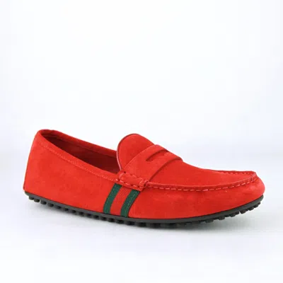Pre-owned Gucci Men's Red Suede Driver Loafer Shoes Grg Web Detail 407411 6460