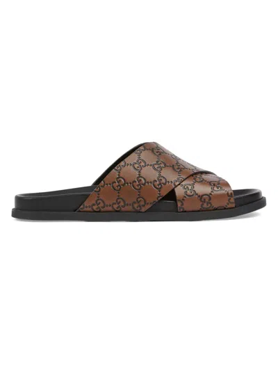 Gucci Gg Leather Slides In Brown