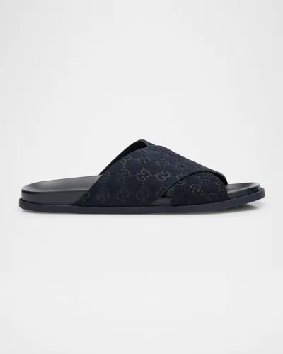 GUCCI MEN'S RHEIN GG SUEDE CRISSCROSS SIDE SANDALS
