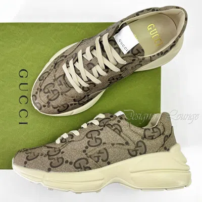 Pre-owned Gucci Men's Rhyton 100 Beige/ebony Gg Supreme Canvas Sneakers 10 Us 10.5 In Brown