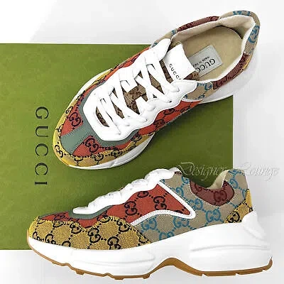 Pre-owned Gucci Men's Rhyton Gg Logo Monogram Canvas Sneakers $890 Size 9.5 / Us 10 In Multicolor