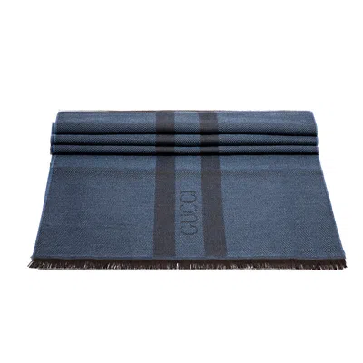 Pre-owned Gucci Men's Sapphire Blue Dark Brown Herringbone Logo Scarf 544628 $425+