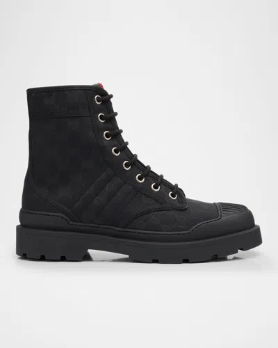 Gucci Men's Sherlin Gg Canvas Lace-up Boots In Black