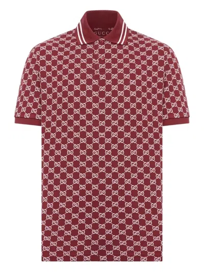 Gucci Men Short Sleeve `gg Jacquard` Cotton Polo In Red