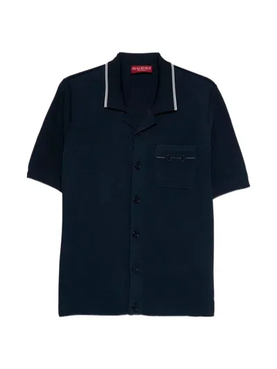 Gucci Men Viscose Blend Polo Shirt With Front Horsebit Embroidery In Blue