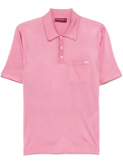 Gucci Pink Polo Shirt With Chest Pocket And Embroidered Logo On The Front In Fine Silk Knit Man In Animal Print