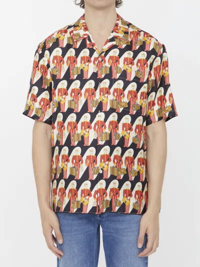 GUCCI MEN'S SHORT-SLEEVED SILK TWILL SHIRT WITH PORTER PRINT IN BLACK & RED