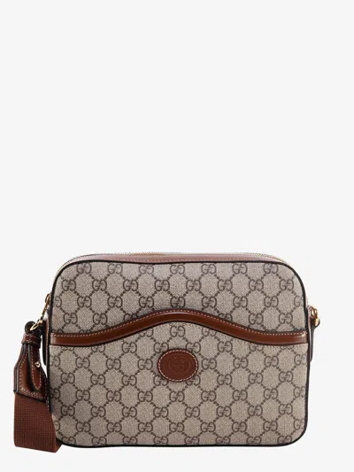 Gucci Men Shoulder Bag With Gg Supreme Motif And Leather Profiles In Beige