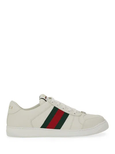 Gucci Leather Sneakers With Lateral Web Band In White