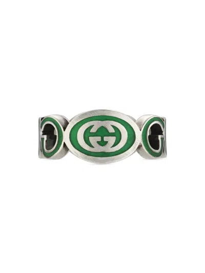 Gucci Men's Sterling Silver Interlocking Gg Logo Ring In Green