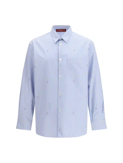 Gucci Men Striped Cotton Poplin Shirt In Blue