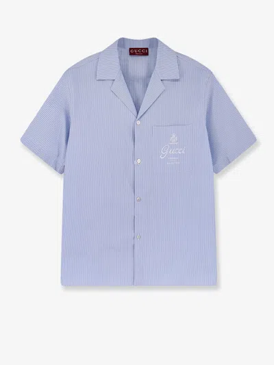 Gucci Thin Striped Cotton Poplin Bowling Shirt In Blue