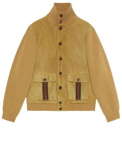 Gucci Men's Suede Bomber Jacket With Wool Details And Green/red Accents In Beige