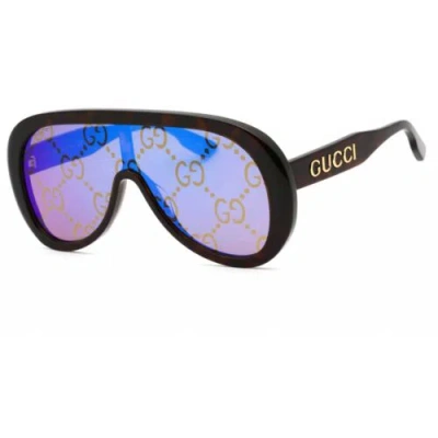 Pre-owned Gucci Men's Sunglasses Havana Shield Full Rim Frame Blue Lens Gg1370s 002