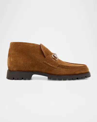 Gucci Men's Sylke Suede Bit Lug-sole Chukka Boots In Brown