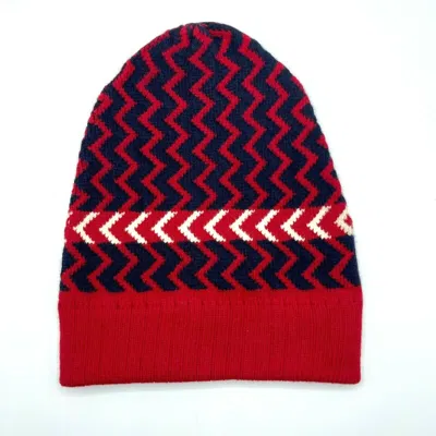 Gucci Men's Unisex Wool Red Blue Zigzag Pattern Knit Beanie Hat