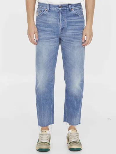 Gucci Men Washed-out Denim Jeans In Blue