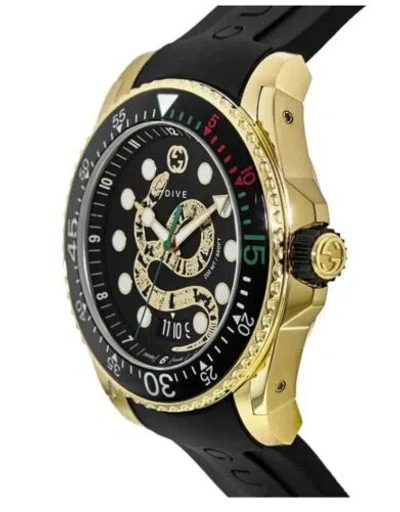 Pre-owned Gucci Men's Watch Ya136219 Dive Swiss Quartz Gold Black Dial Snake Rubber Strap