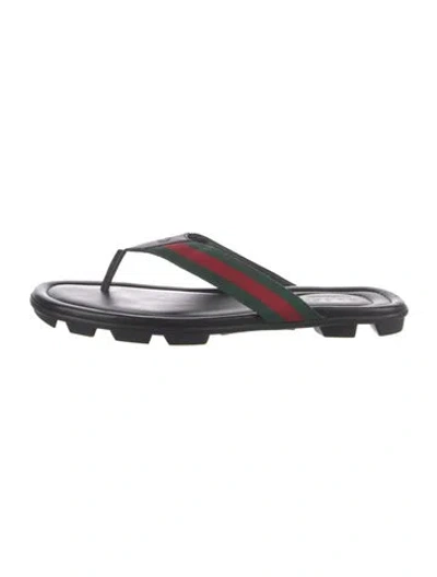 Pre-owned Gucci Men's Web And Leather Thong Sandal Web Accent Flip Flops In Black