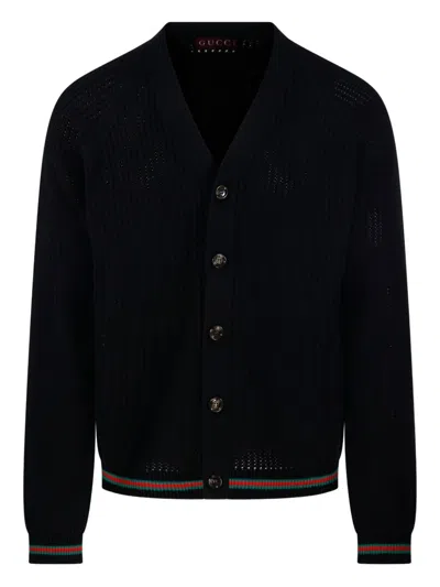 Gucci Men Knit Cotton Ajour Cardigan With Web Tape In Black