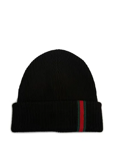Gucci Men Web Detail Wool Beanie In Black
