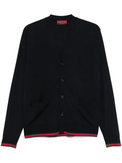 Gucci Knitted Wool Cardigan With Web Pattern In Black