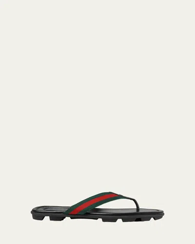 GUCCI MEN'S WEB LEATHER THONG SANDALS