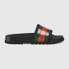 Gucci Pursuit Web Slides With Bold Stripes In Green