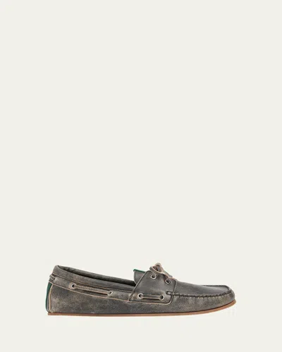 GUCCI MEN'S WEB WASHED-EFFECT LEATHER BOAT SHOES