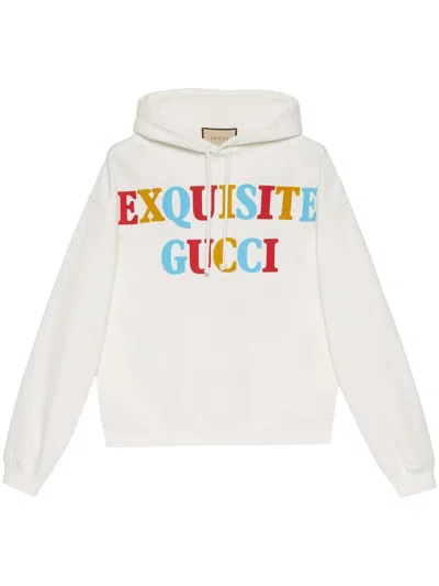 GUCCI MEN'S WHITE COTTON HOODIE WITH CONTRASTING COLOR PRINT AND BACK GRAPHIC