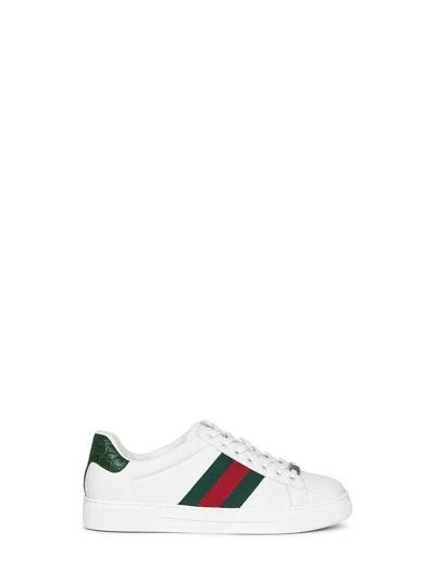 Gucci Ace Leather Sneakers With Lateral Web Band In White