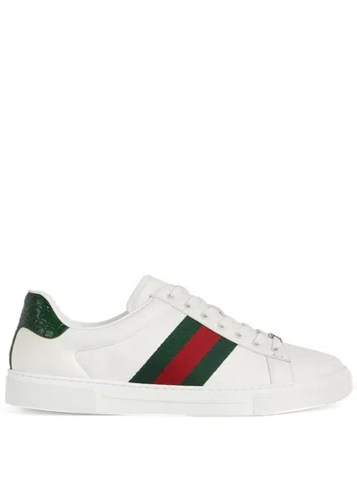 Gucci Men's White Leather Sneakers With Web Detailing And Logo Plaque